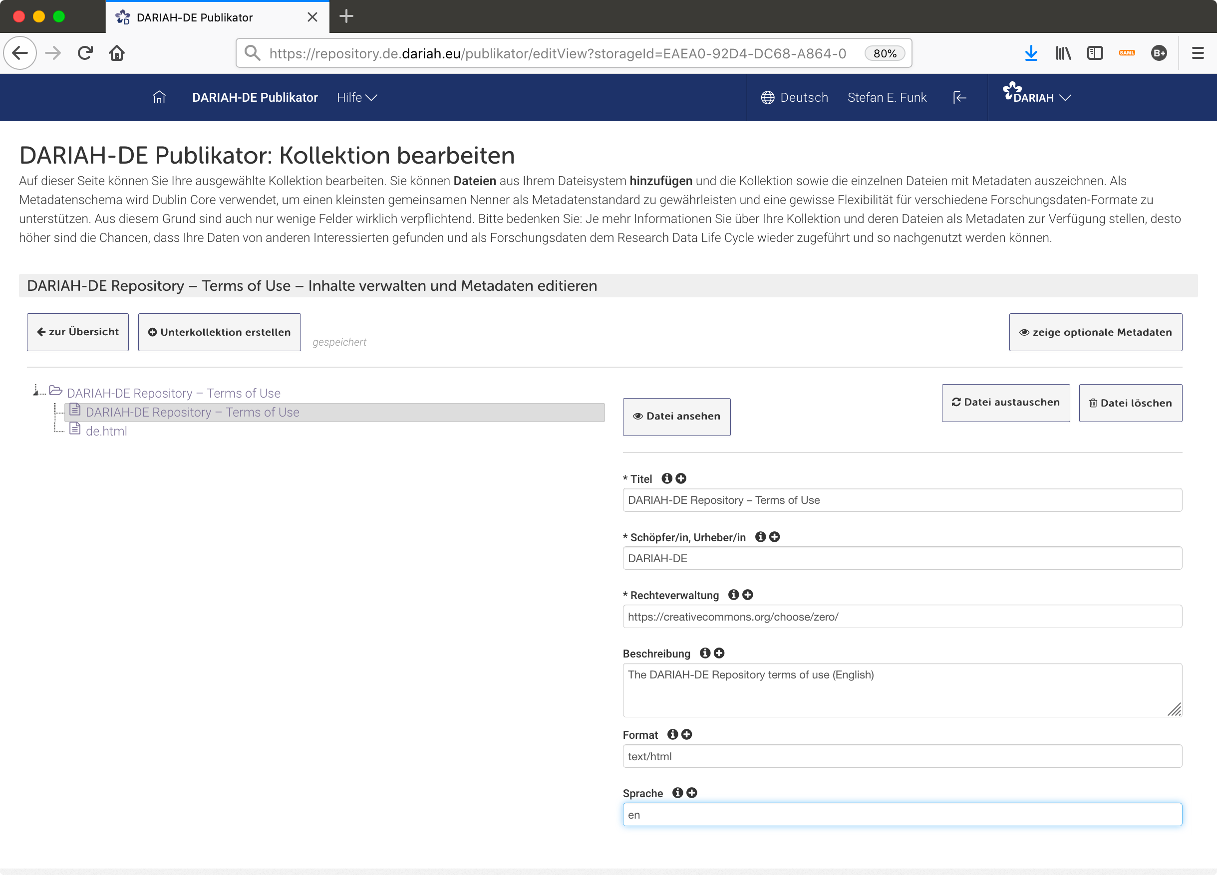 Metadateneingabe für die Dateien