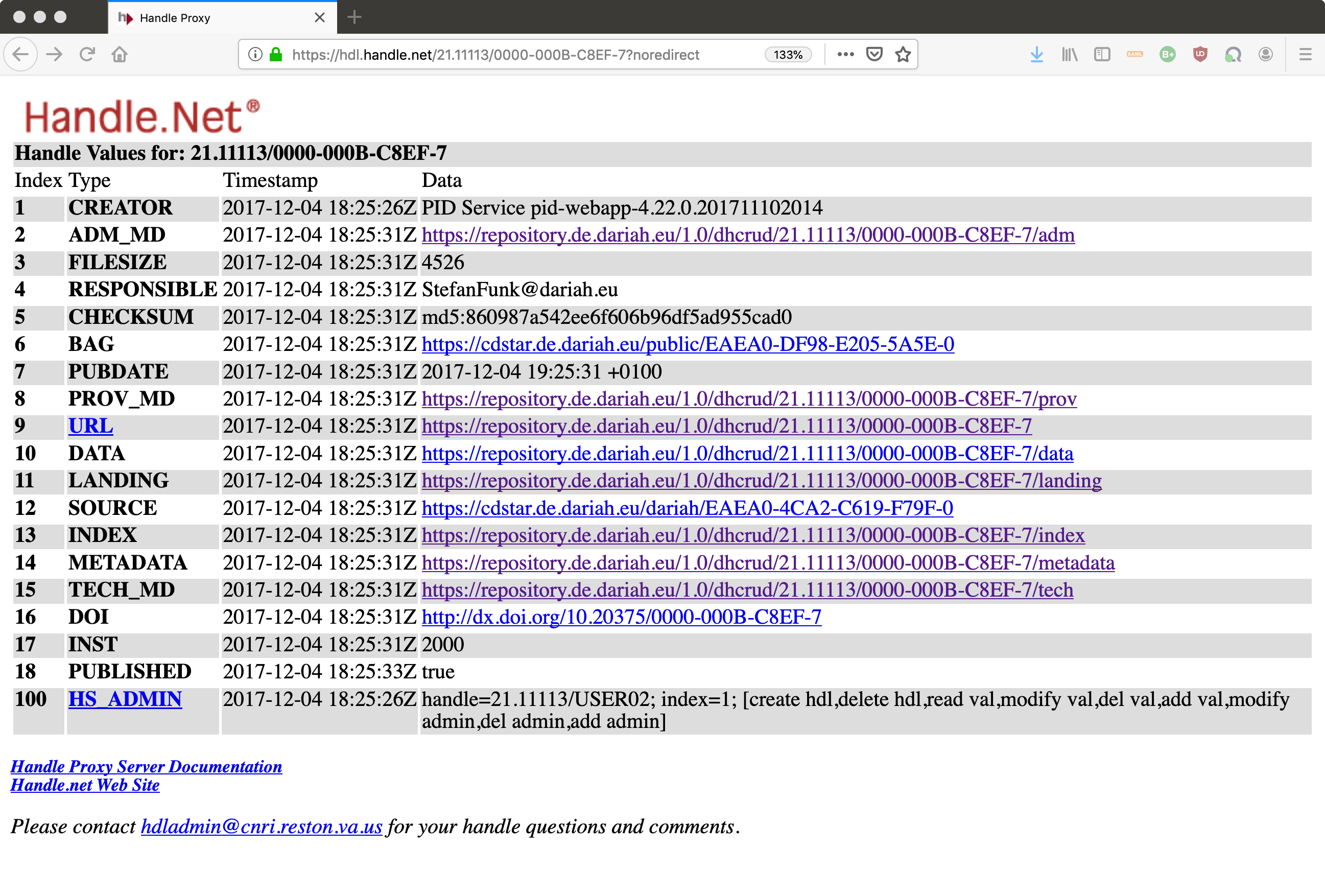 Fig. 4: ePIC PID record of a DARIAH-DE Repository Object